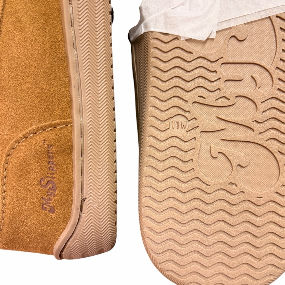 MY SLIPPERS new Men's Tan Suede Faux Fur Slip-On Leather Loafers - US11 WIDE - Picture 4 of 15